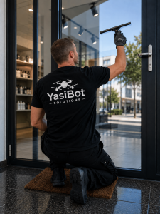 Agent d’entretien nettoyant une vitrine